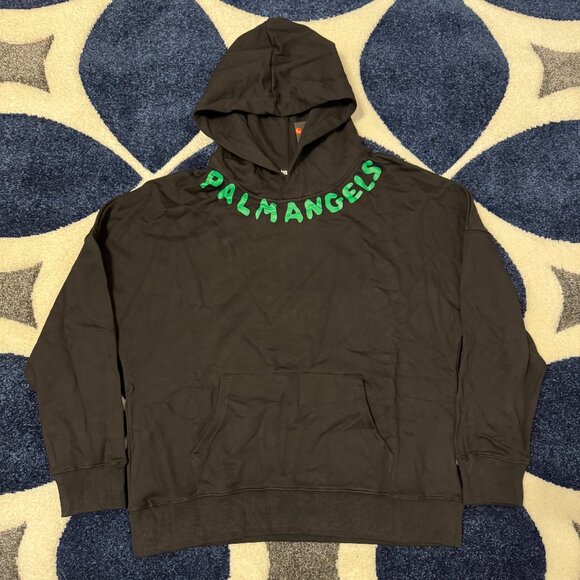 Palm Angels Green Neck Logo Black Hoodie Mens Large - Picture 1 of 4
